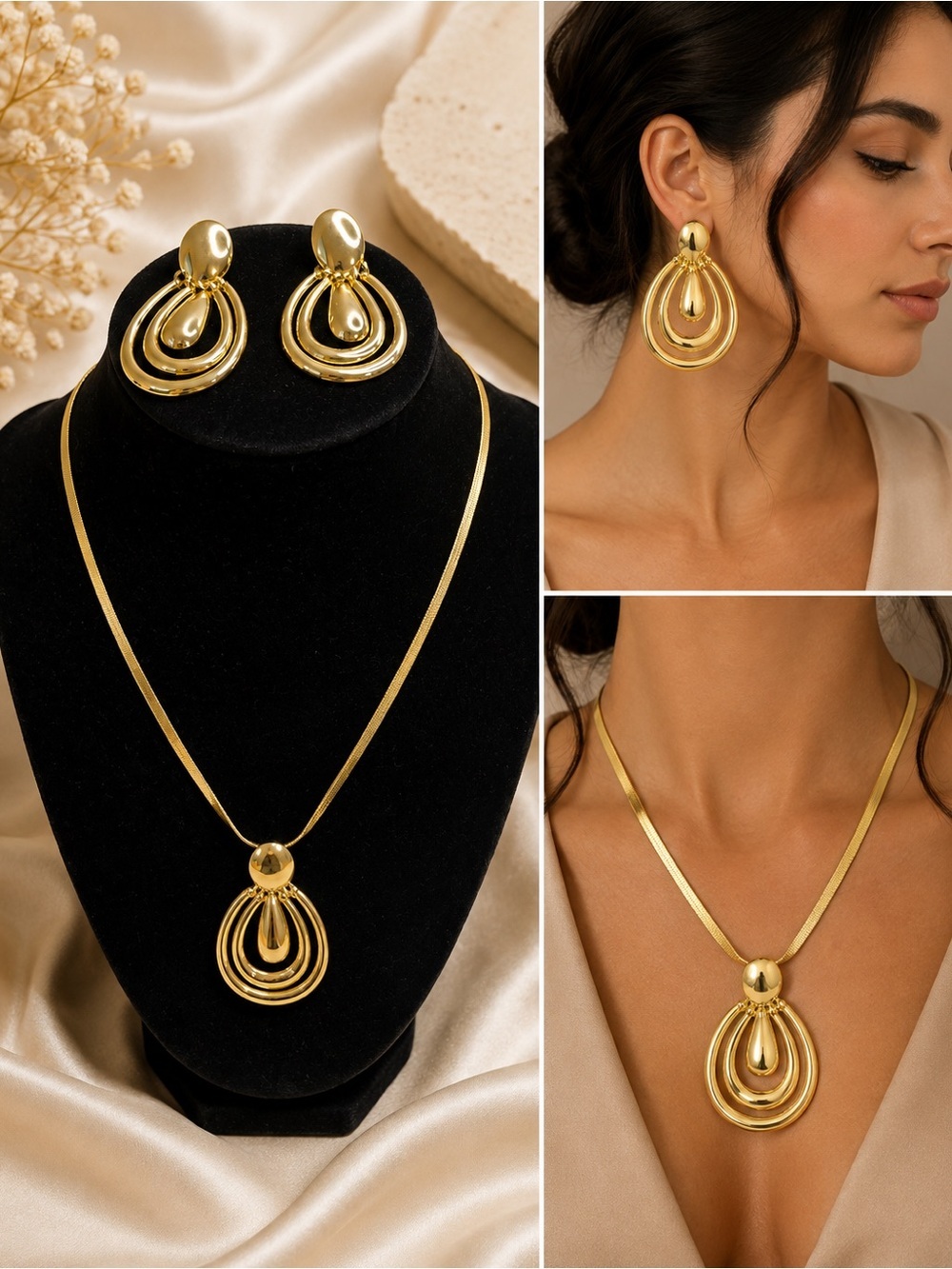 Gold Tone Teardrop Statement Necklace & Earrings Set | Elegant 3-Piece Jewelry S